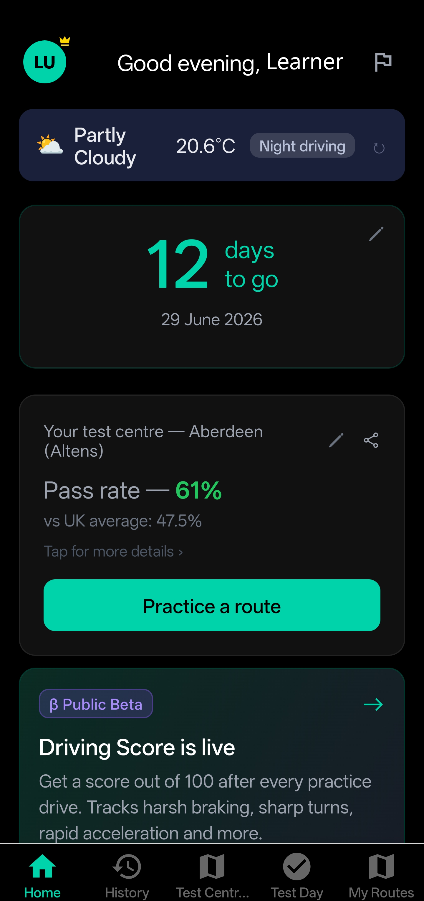 DriveSidekick home screen showing test countdown, test centre pass rate, and Driving Score banner