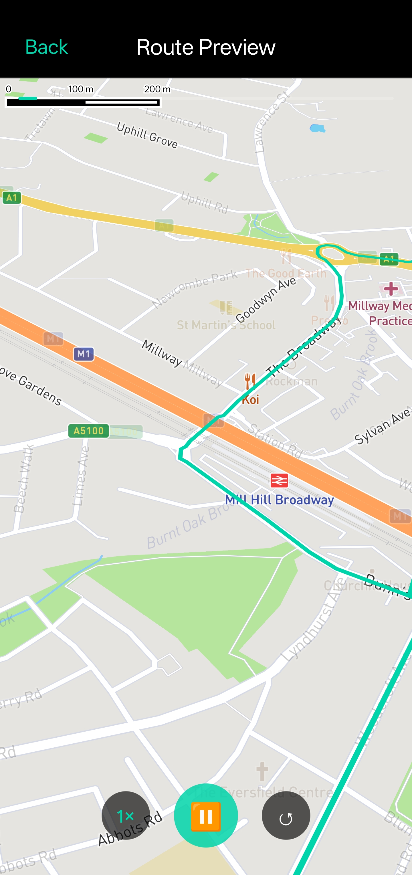 DriveSidekick route preview showing animated map flyover of the test route