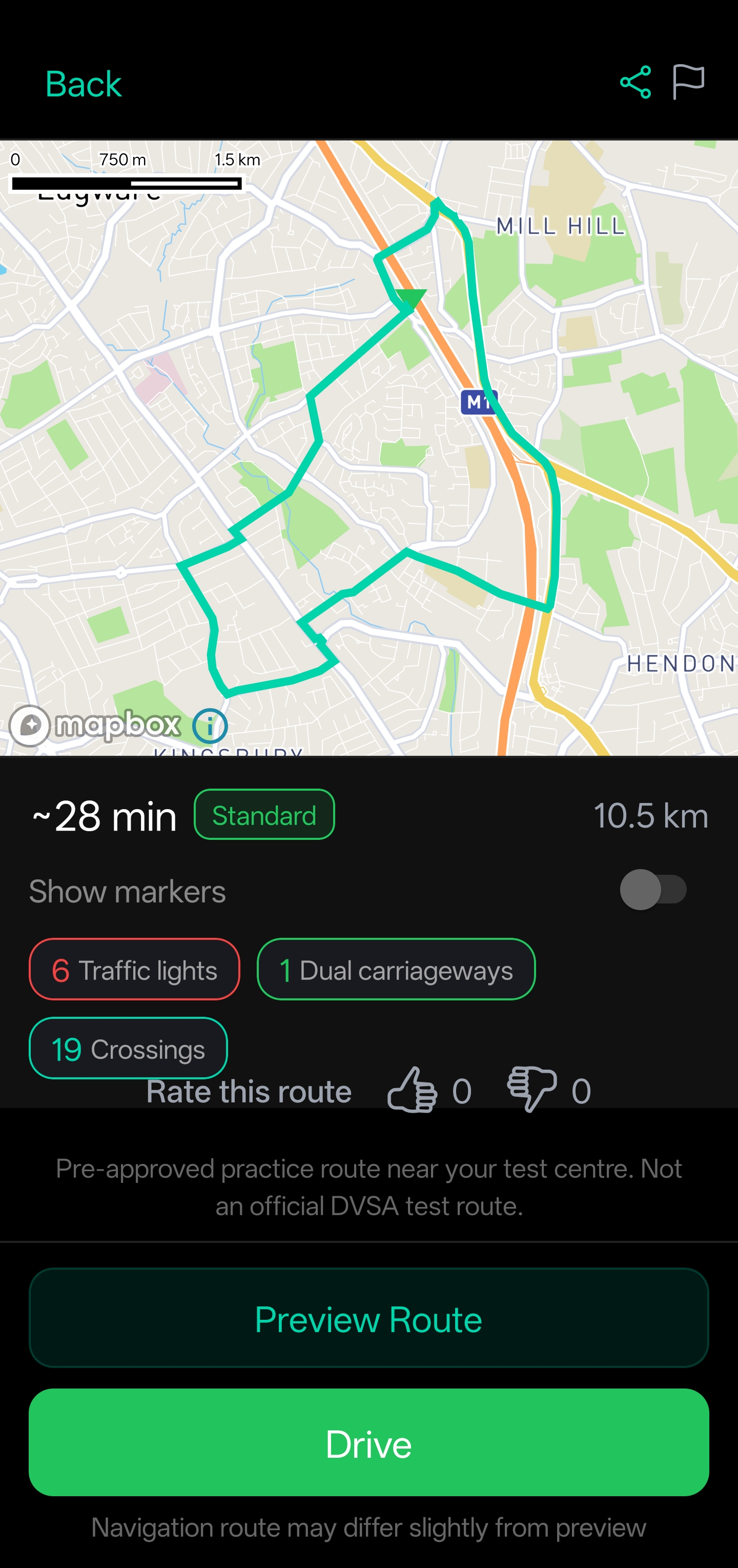 DriveSidekick route detail screen showing map, duration, traffic lights and Drive button