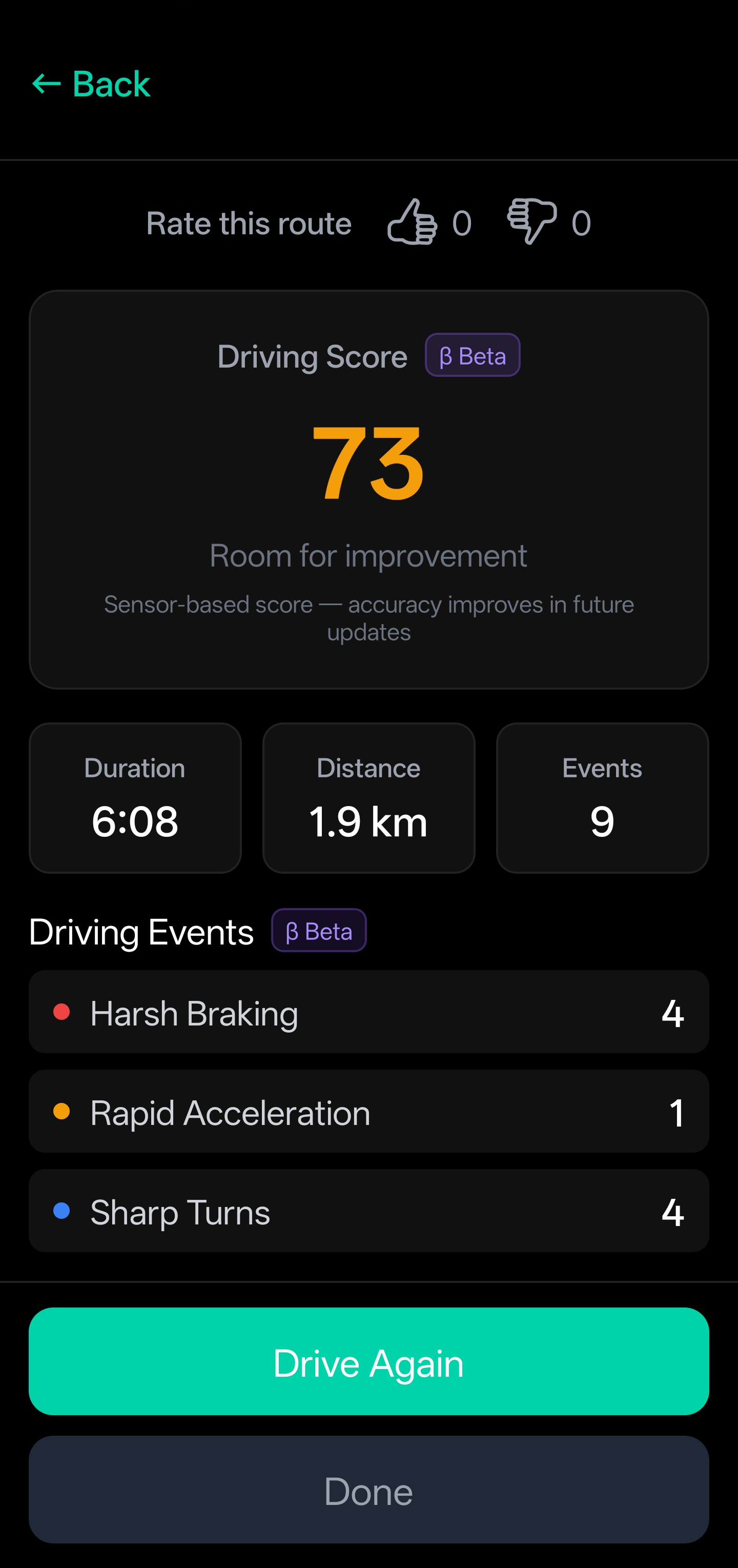 DriveSidekick post-drive Driving Score screen showing score of 73 with harsh braking and sharp turn events